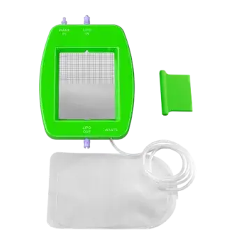 A green and white medical device with an attached bag, designed for healthcare use.