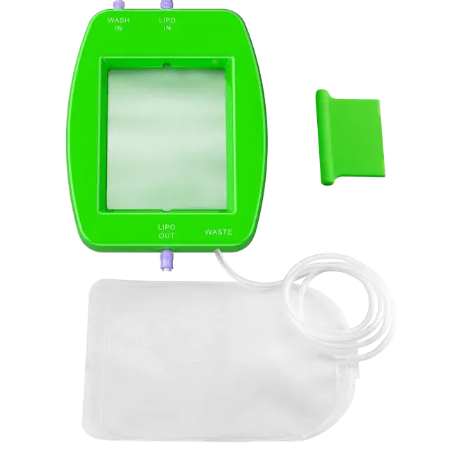 A green electronic device with a cord, placed next to a bag on a neutral background.
