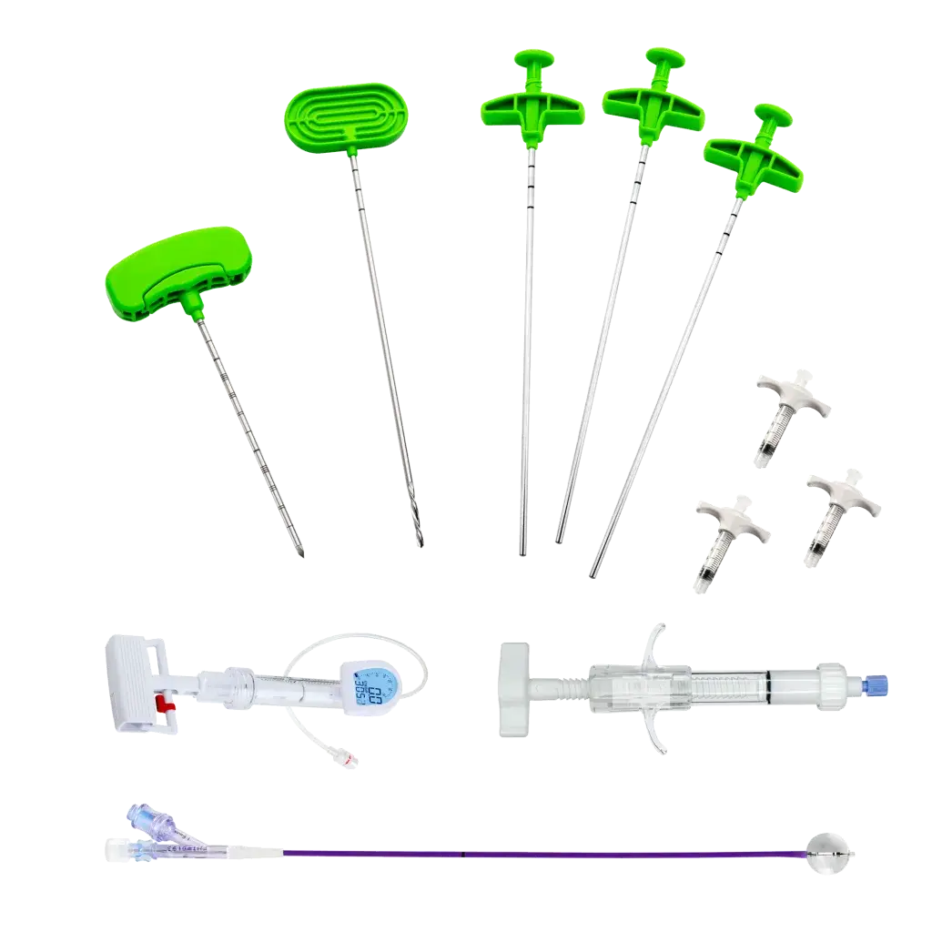 A collection of medical equipment, including a needle, syringe, and various other tools used in healthcare settings.