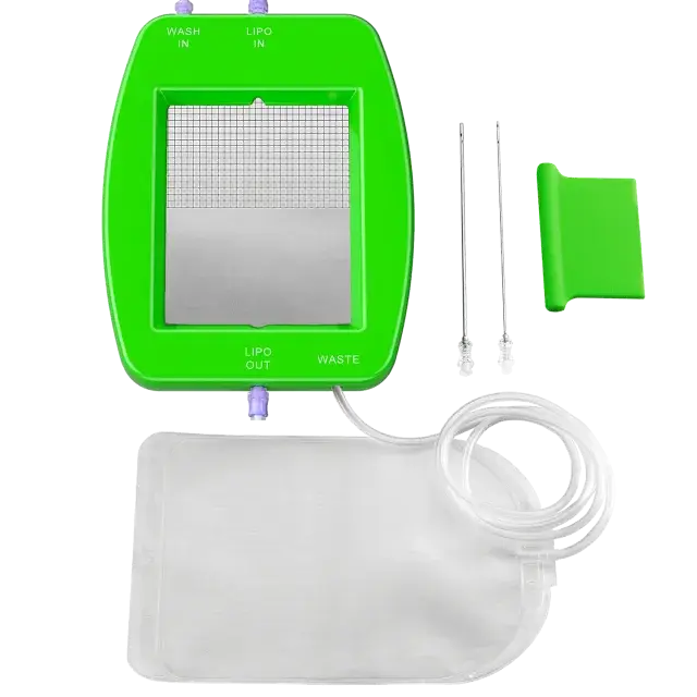 A green medical device featuring a cord and an attached bag, used for healthcare purposes.