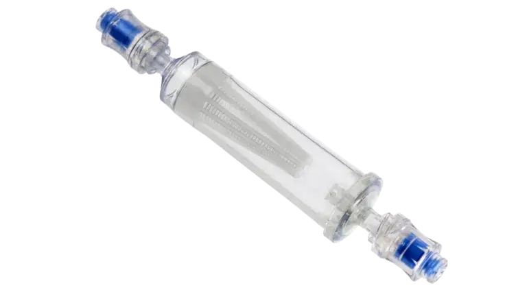 A clear tube with blue tips, typically used for precise liquid transfer in laboratory settings.