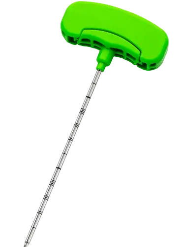 A green plastic handle attached to a metal handle, showcasing a combination of materials for functional use.