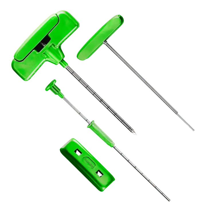 Three green plastic tools arranged on a black background, showcasing their shapes and textures.