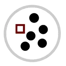 A white and black circle featuring four evenly spaced black dots arranged around its perimeter.